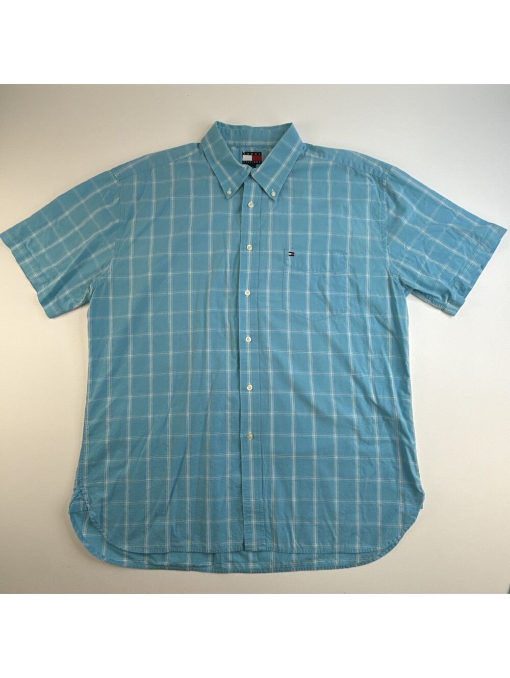 Vintage Tommy Hilfiger Men's Blue & White Check Short Sleeve Button Down XL